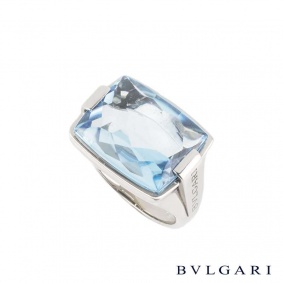 Bvlgari 18k White Gold Cabochon Blue Topaz Cocktail Ring